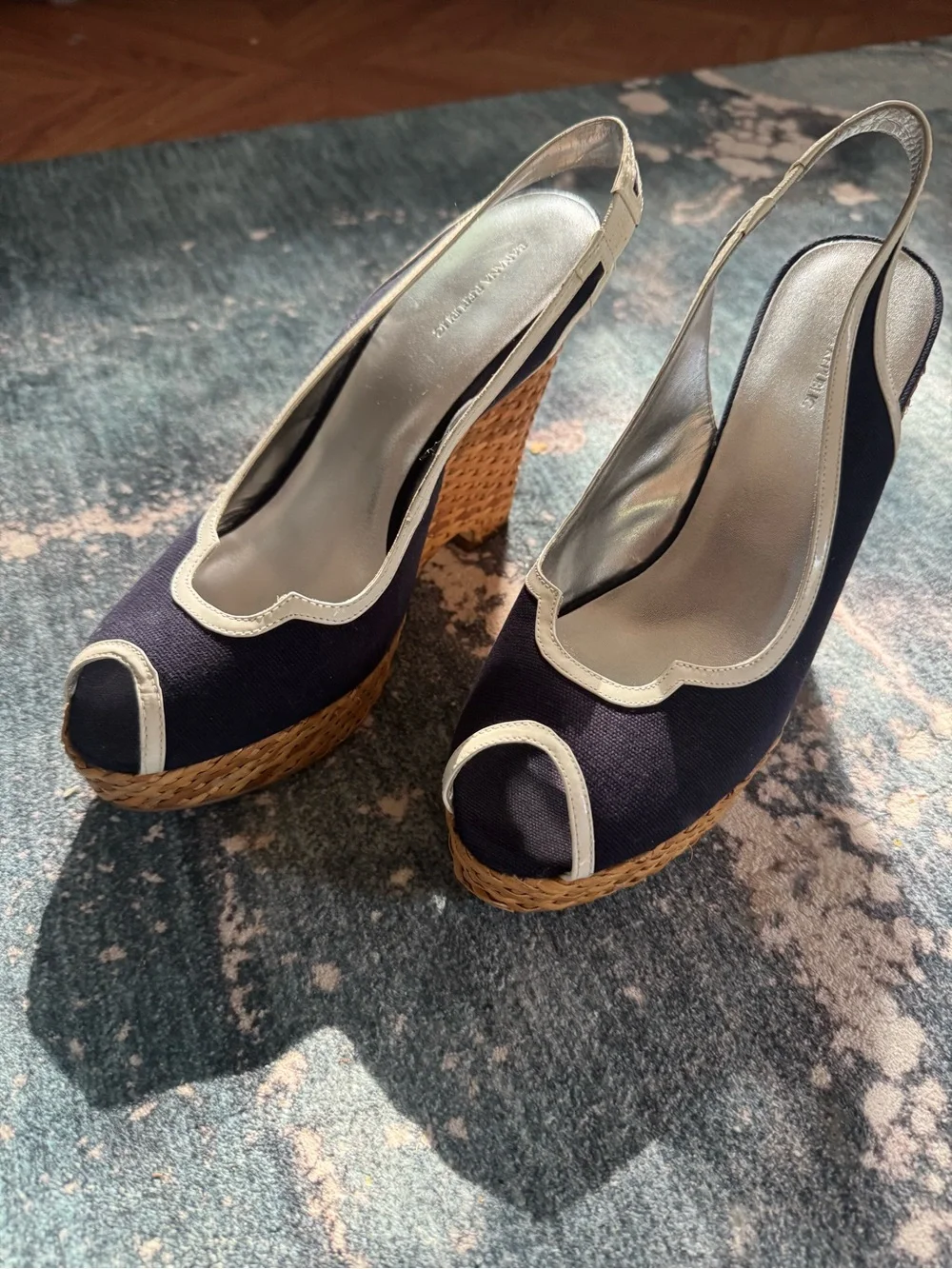 Banana Republic Navy and Natural Wedge Slingback Heels